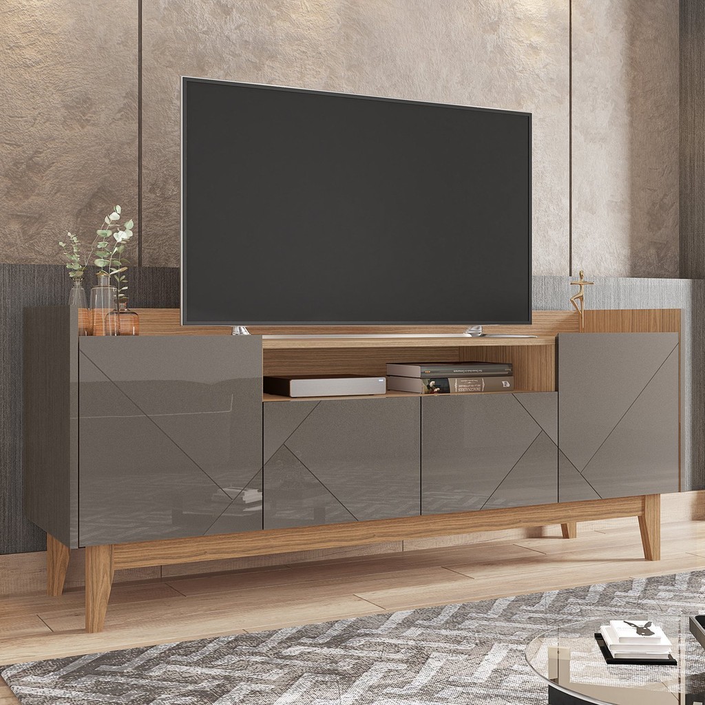 Rack para TV até 60 Polegadas 4 Portas 1 Nicho 158cm Pés em Madeira Maciça Adria Versátile Cinza Perola/Noce em Oferta na Shopee