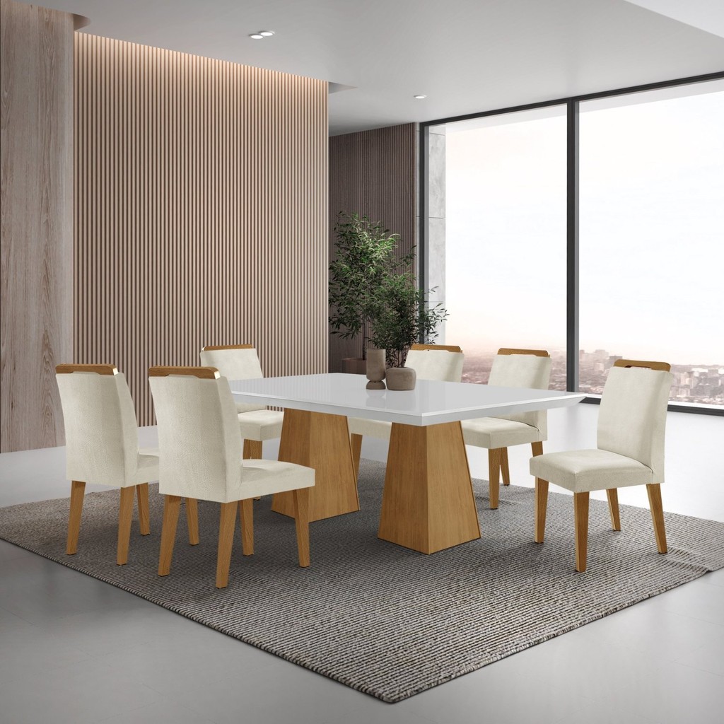 Mesa Inovare 180 Tp Mdf Vidro/canto Reto com 6 Cadeiras Bugatti Creme/Off White/Imbuia