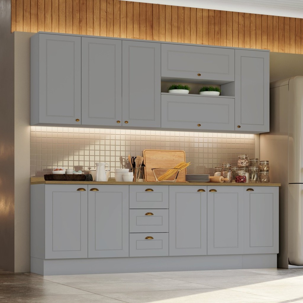 Cozinha Compacta 7 Peças 11 Portas 3 Gavetas Emily Cinza/Nature em Oferta na Shopee