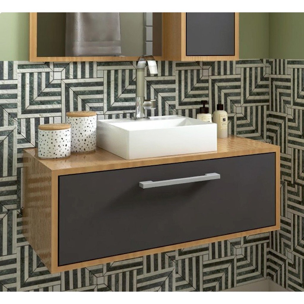 Gabinete Suspenso para Banheiro Com Cuba Branca 80cm 1 Porta Basculante Alice Mel/Grafite em Oferta na Shopee