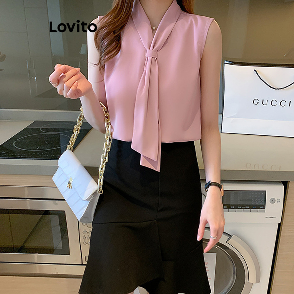 Detalhes do Lovito Blusa Elegante Blusa Lisa Com Cadarço Para Mulheres LNL43115 (Multicolorido)
