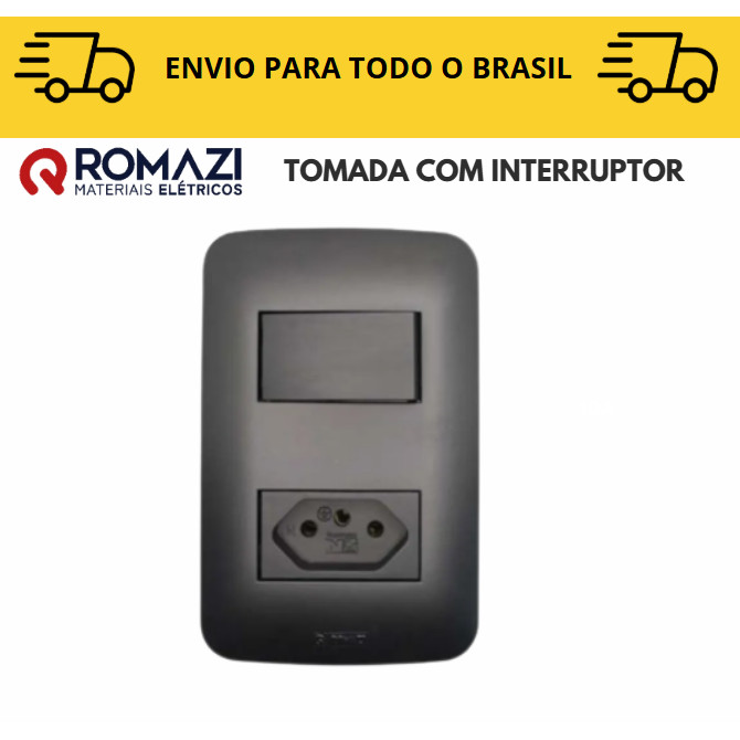 Tomada Com Interruptor linha canoa black romazi / 10A / 20A / Paralelo / Tomada Preta