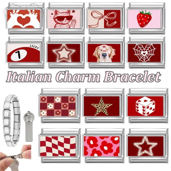 Vermelho Amor Coração Estrela Morango Flores Sexy Contas Caber 9mm Italiano Charme Pulseira De Aço Inoxidável DIY Jóias em Oferta na Shopee