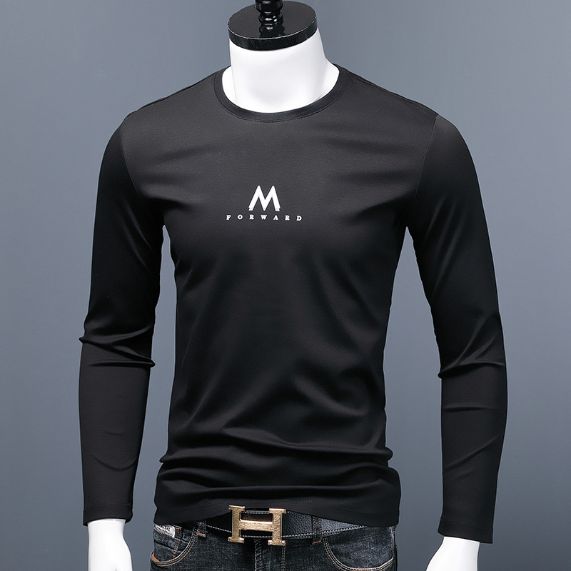 Primavera outono puro algodão de manga comprida camiseta masculina estilo fino na moda impresso carta camiseta em torno 