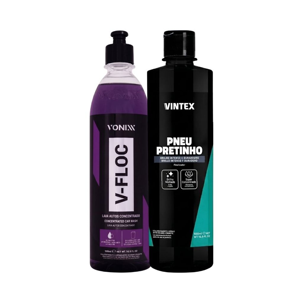 Kit Estética Automotiva Vonixx V-Floc Shampoo Neutro Alta Lubrificação + Pneu Pretinho Vintex