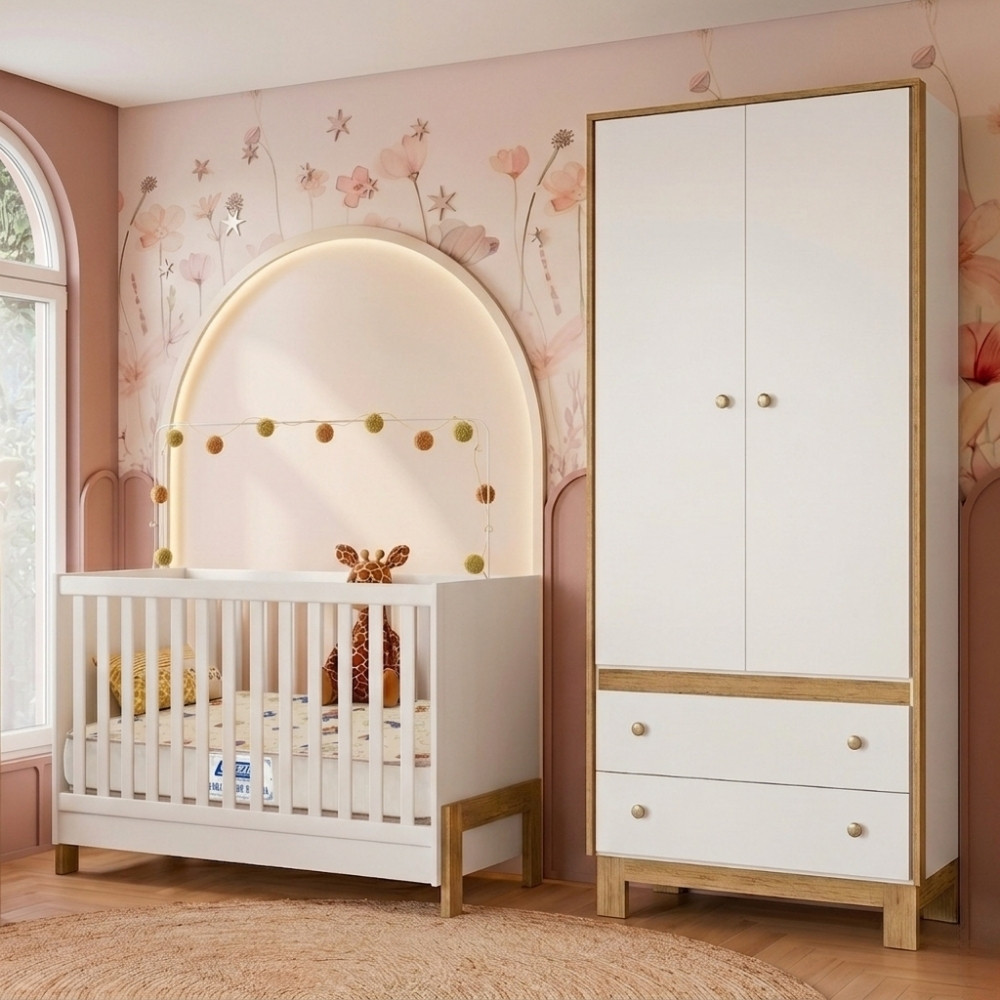Quarto de bebê Berço Minicama e Guarda Roupa 2 Portas 2 Gavetas Nina Qmovi com Colchão Gazin