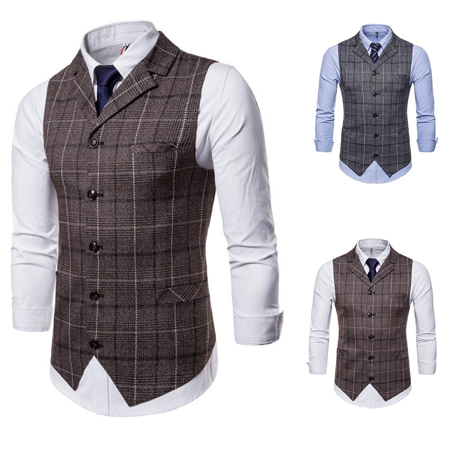 Colete Xadrez Masculino Slim Britânico Com Lapela E Peito Único