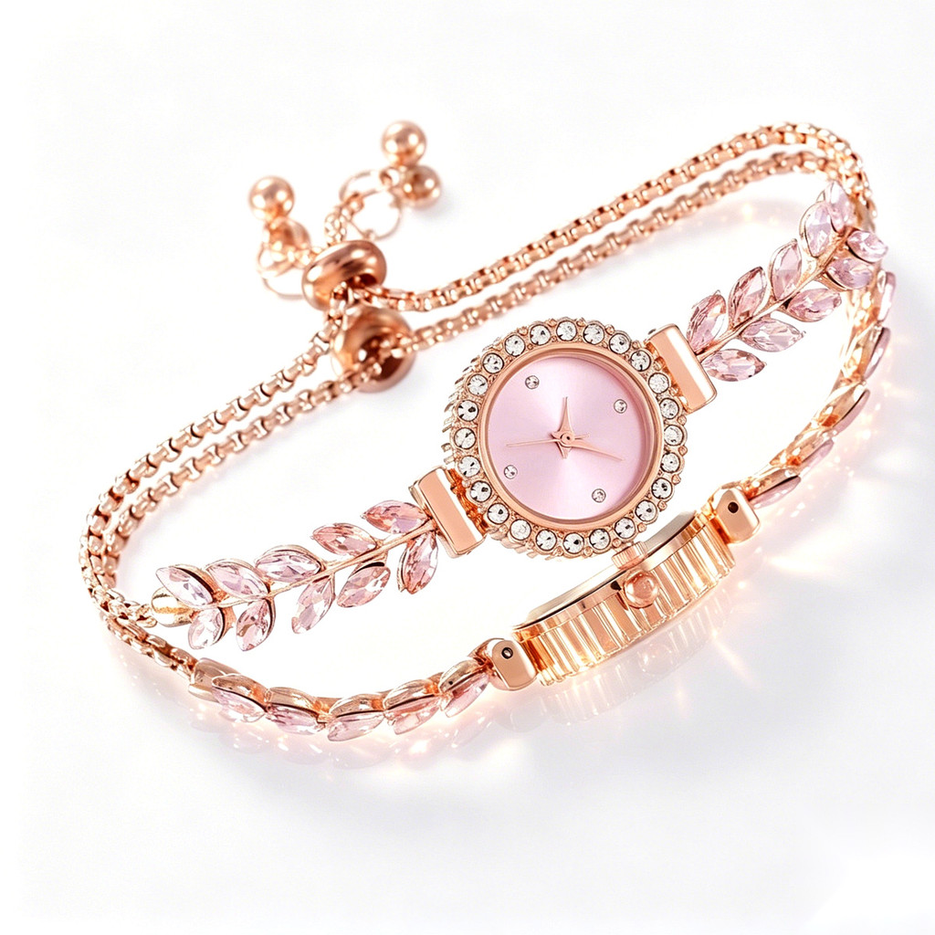 Relógio Feminino Rose Gold com Folhas de Strass Pulseira Ajustável Luxo Delicado Presente para Mulher