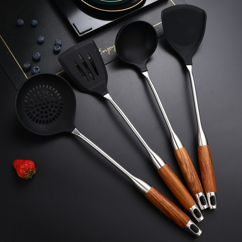 Espátula de Silicone antiaderente panela dedicada 304 aço inoxidável grau alimentício espátula de cozinha conjunto de ut