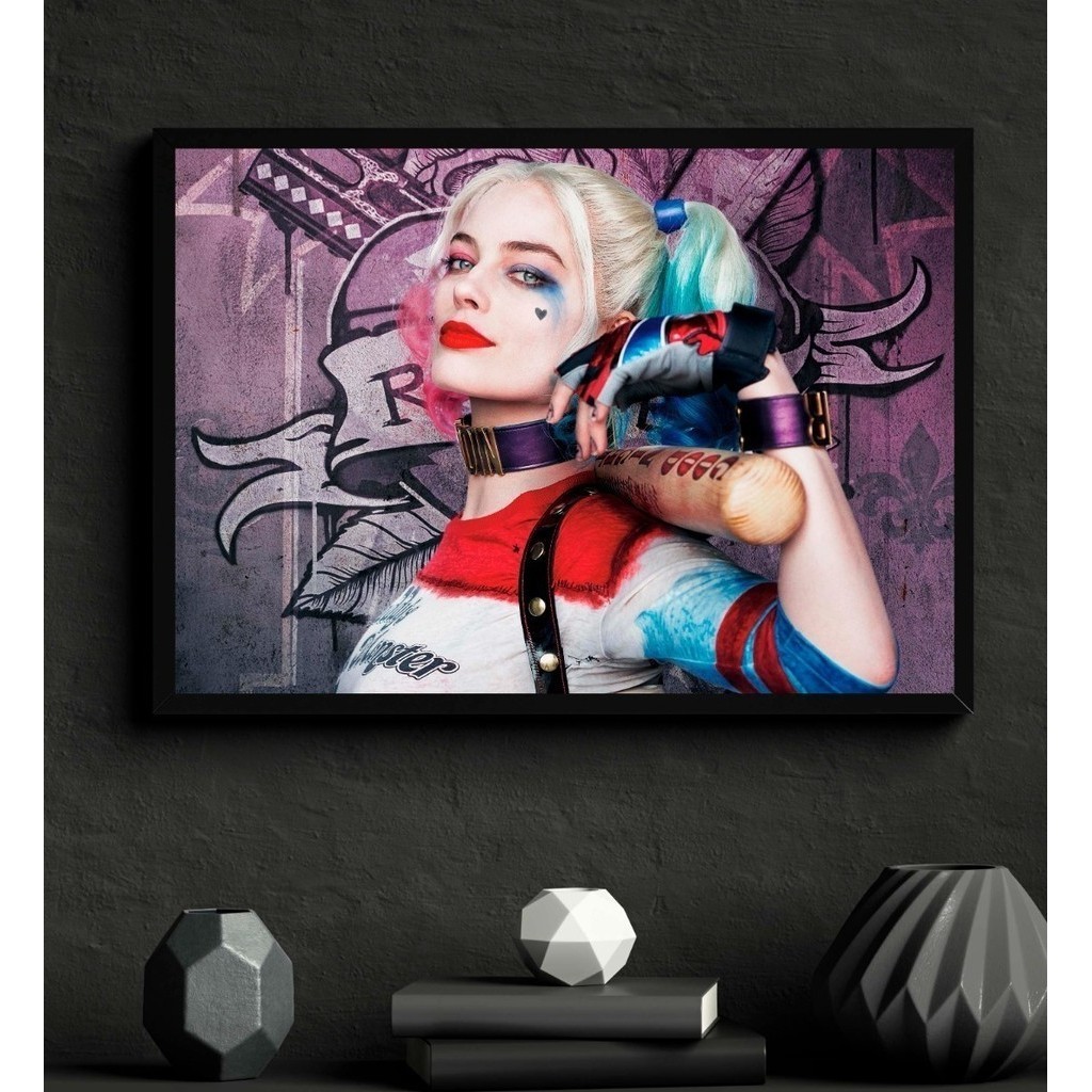 Quadro Decorativo Harley Quinn Joker Batman Quadro × Fanarte Decorativo Preta Bandas Animes Decoração Parede