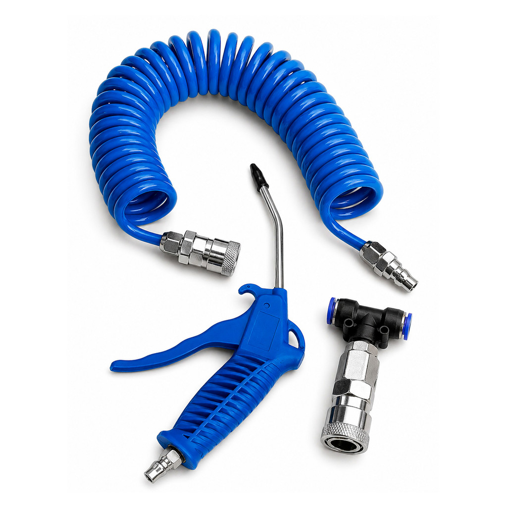Pistola de Ar Com Mangueira Espiral PU 5M Limpeza Engate Rápido Compressor Profissional
