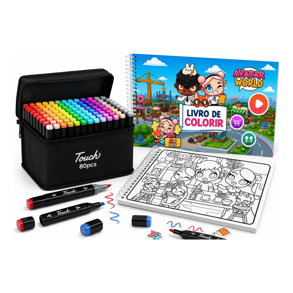 Kit Livro De Colorir Avatar World 50 Desenhos Capa Dura Papel 180g + Canetinhas Ponta Dupla 24 36 48 60 80 120 Cores