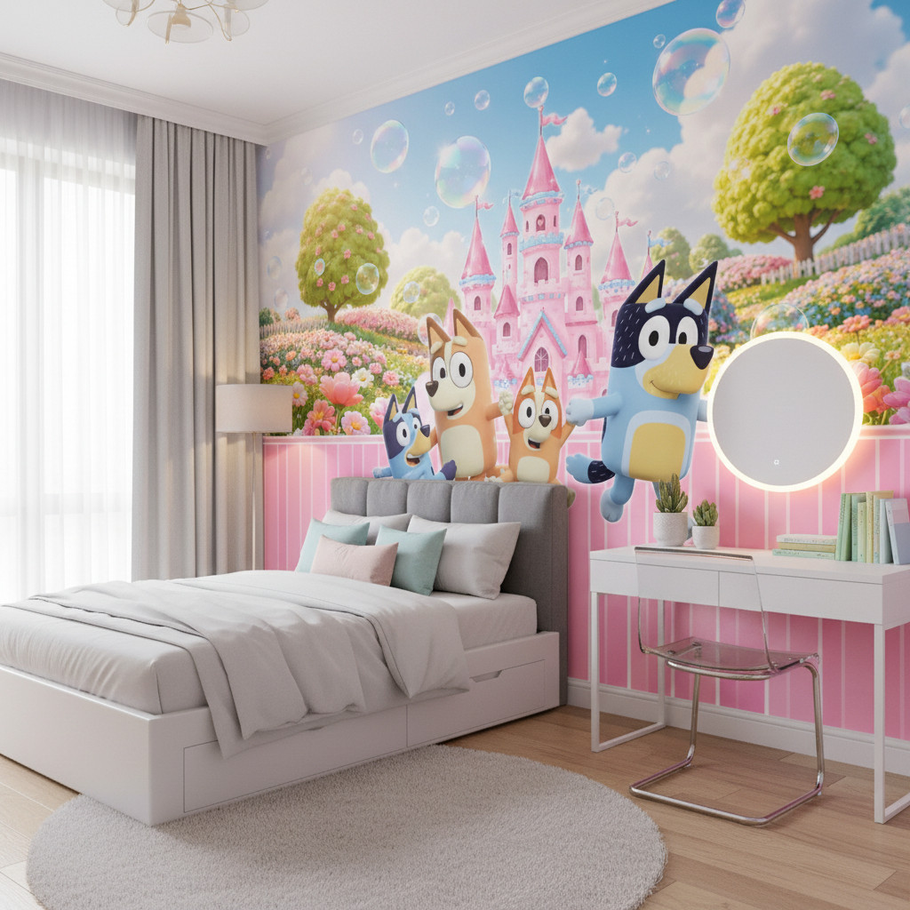 Bluey 3D Rosa Papel de Parede Para Quarto de Menina Castelo Rosa + Listrado + Nome