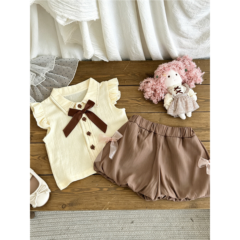 Meninas verão estilo ocidental camisa de manga voadora Bloomer Shorts bebê verão moda terno de duas peças bebê crianças