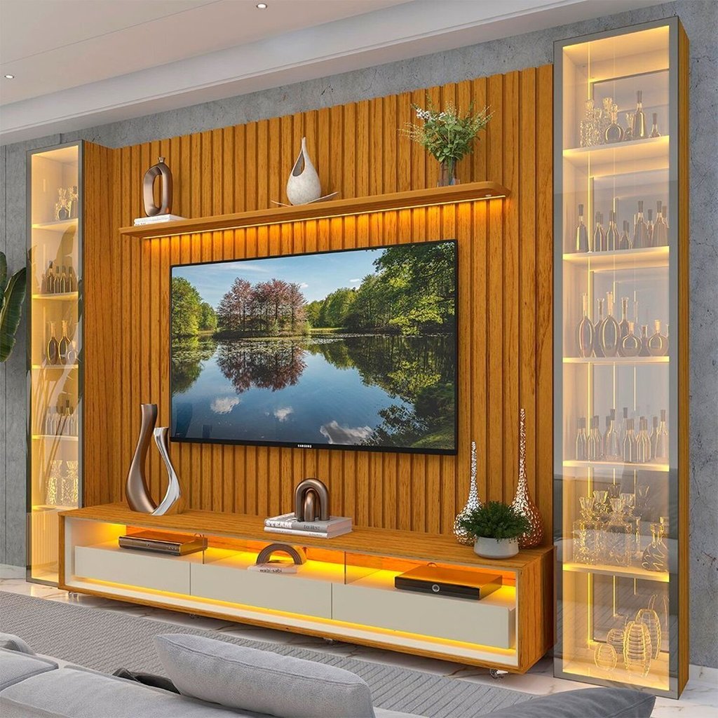 Rack com Painel para TV até 85 Polegadas Ripado com LED Cristaleira Reflecta 100% MDF 224CMX304,8cm Clean Requinte
