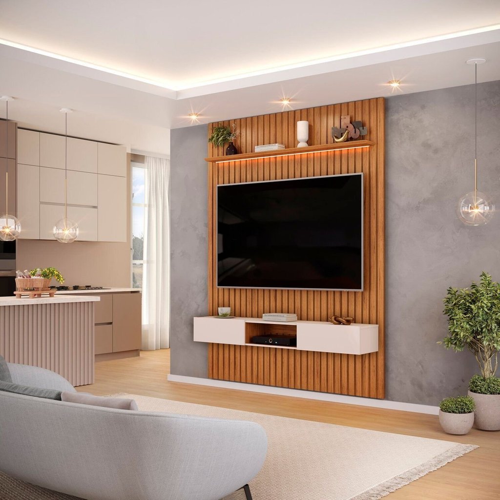 Painel Ripado para TV até 60 Polegadas com MDF 183cmx240cm Led Trento Marrom Freijó/Off White Freijó/Off White