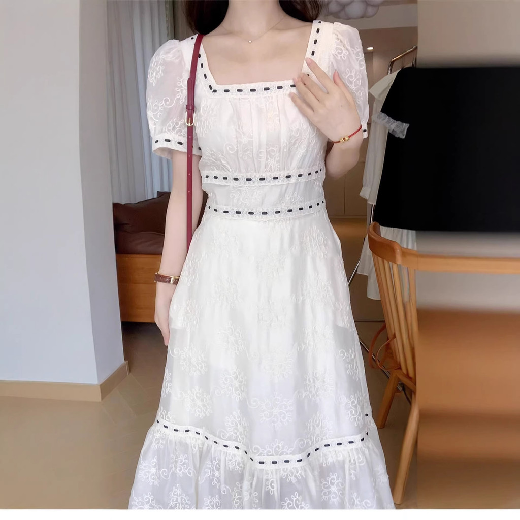 2026 verão damasco pescoço quadrado vestido feminino estilo francês Design elegante nicho doce princesa vestido longo