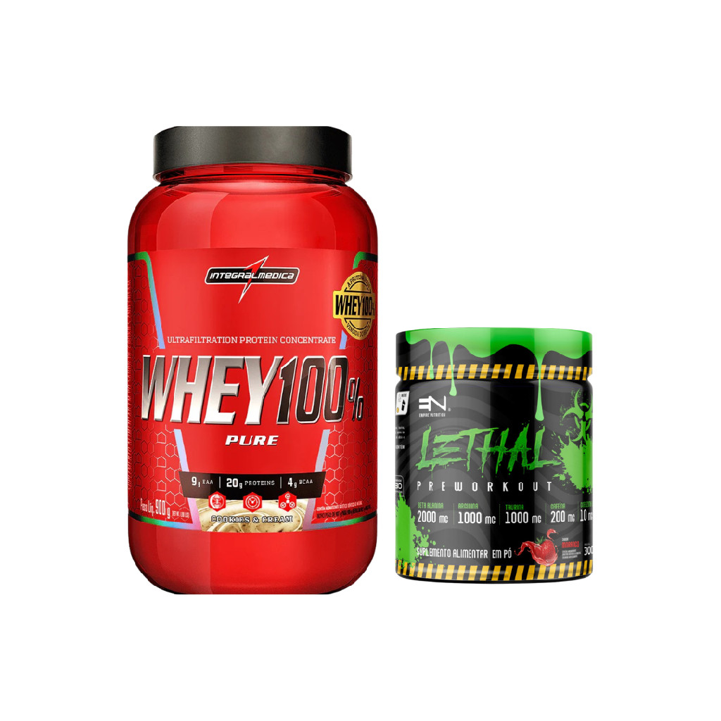 Kit Whey 100% Pure Integralmédica 900g Cookies + Pré Treino Lethal 300g Morango