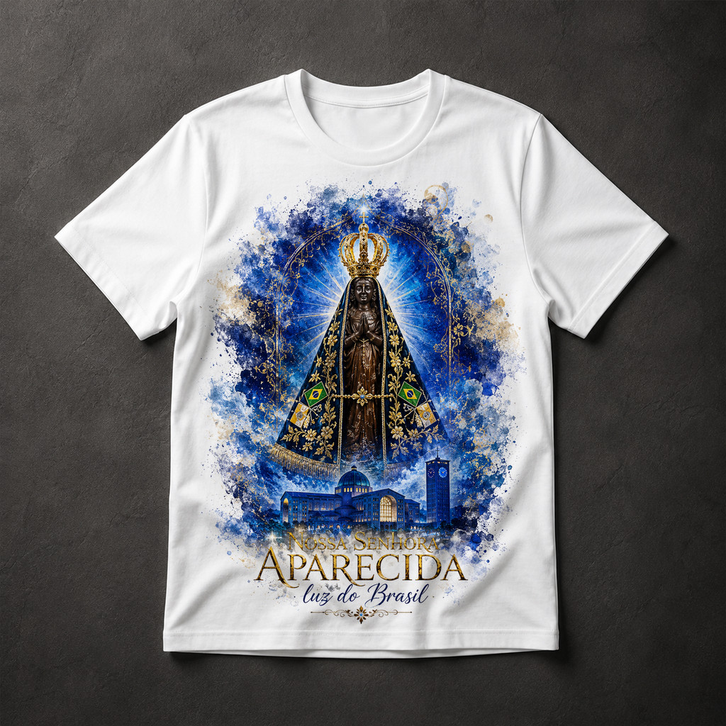 Camiseta Nossa Senhora Aparecida Luz do Brasil Padroeira Religiosa Fé Católica Masculina