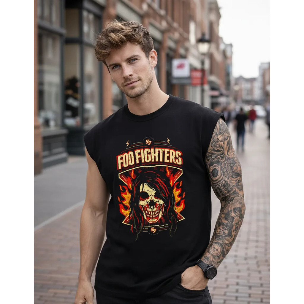 Camiseta Regata Oversized Rock Foo Fighters Caveira Cavada