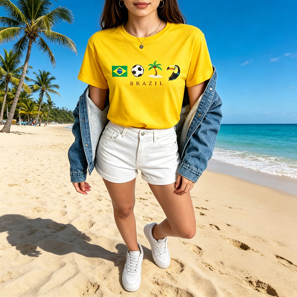 Camiseta Brasil Turismo Tropical Bandeira do Brasil Bola de Futebol Tucano Praia de Verão