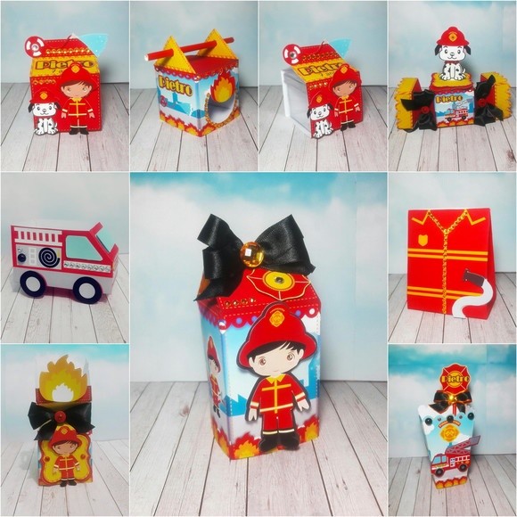 kit festa infantil lembrancinha para aniversário Caixinhas Personalizadas Bombeiro Menino e Menina
