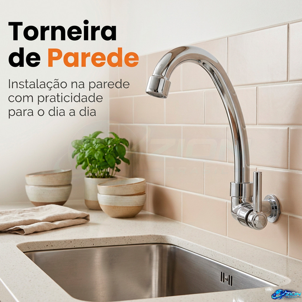 Torneira Parede Cozinha Bica Alta Curva Cromada Para Pia Com Alavanca Lateral E Arejador