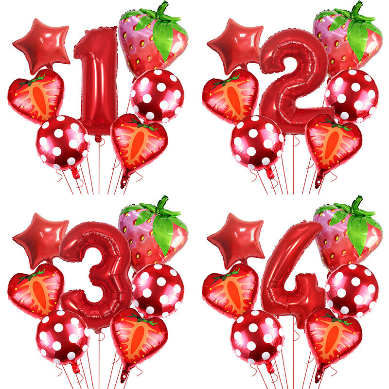 Kit 7 Balões 32pol Número Vermelho Morango Foil Decoração Festa Aniversário Frutas