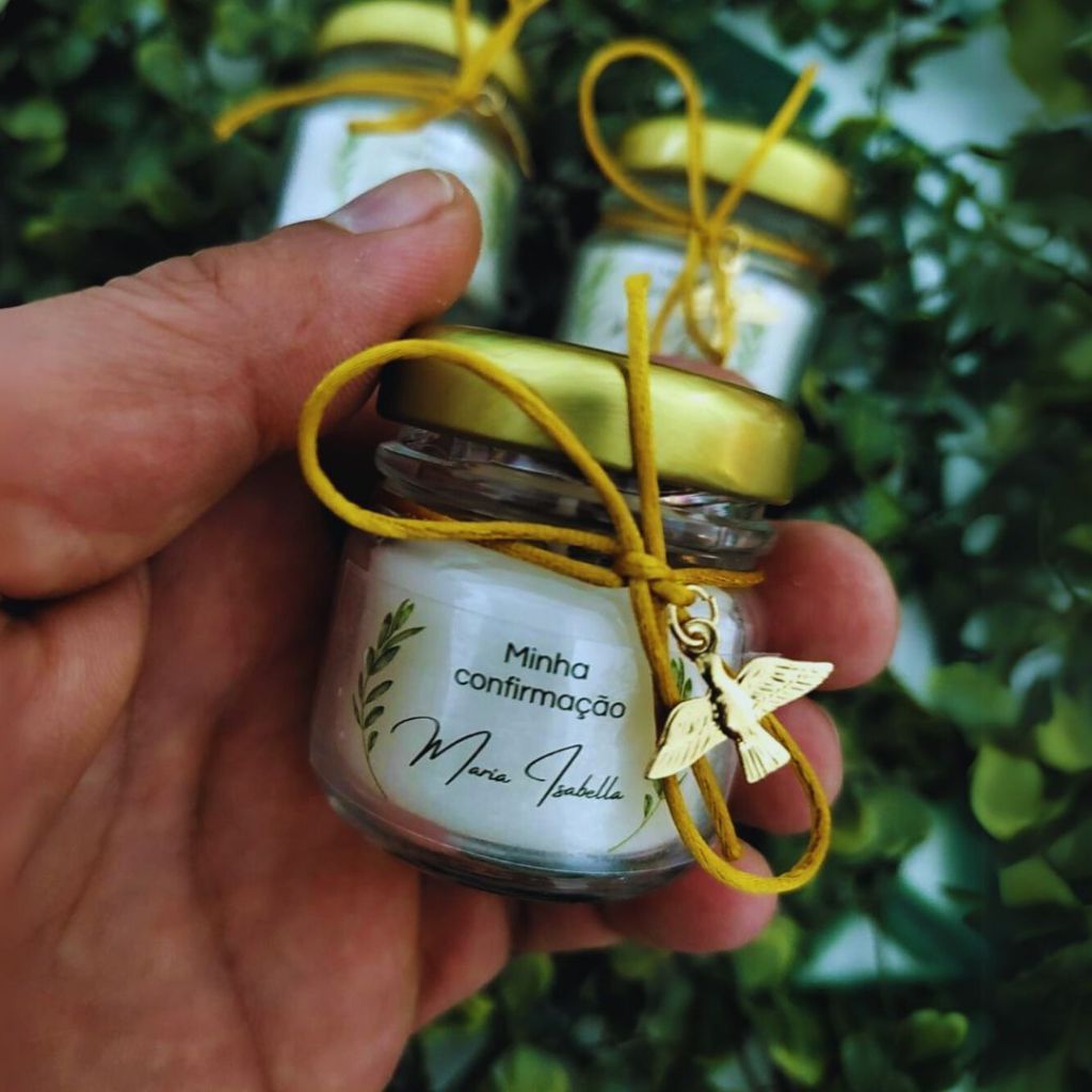 40 Lembrancinhas de Batismo - Kit com Velas Aromáticas em Pote de Vidro com Tampa Dourada - Espírito Santo