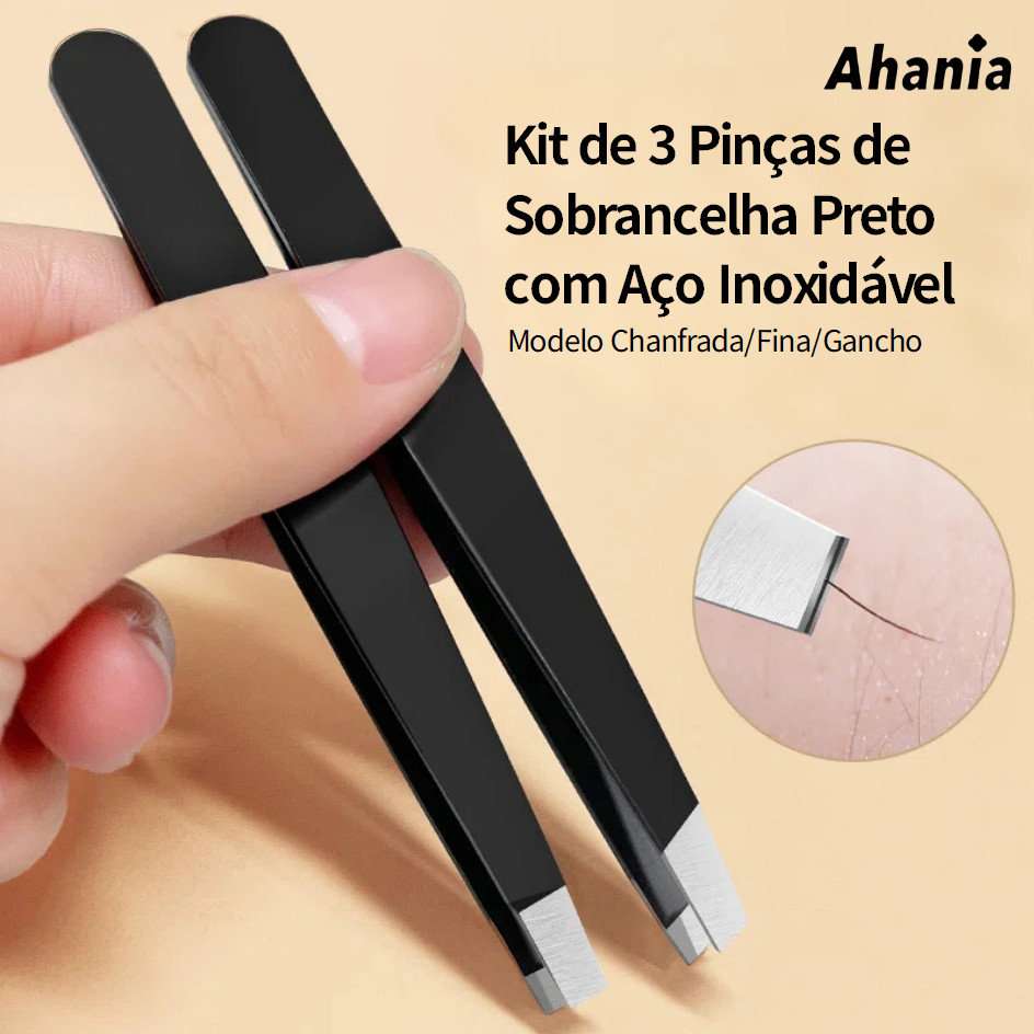 Kit de 3 Pinças de Sobrancelha De Aço Inoxidável Preto, Modelo Chanfrada/Fina/Gancho,Ferramenta Preparação De Precisão
