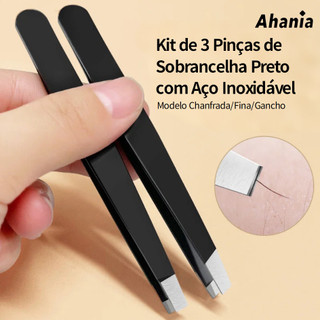 Kit de 3 Pinças de Sobrancelha De Aço Inoxidável Preto, Modelo Chanfrada/Fina/Gancho,Ferramenta Preparação De Precisão