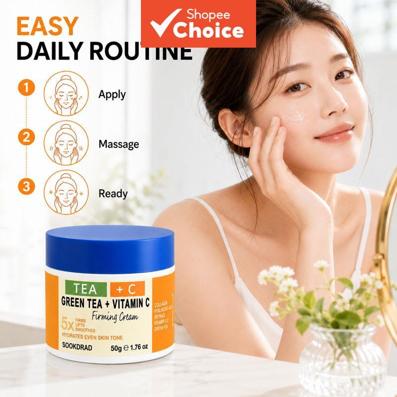 Creme Firmador de Chá Verde e Vitamina C, Produto de Beleza Viral para Redes Sociais, 50g