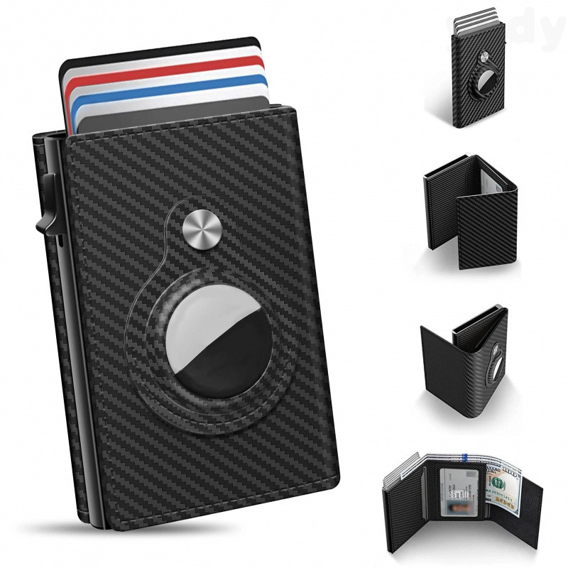 Carteira Masculina para Cartões com Suporte para AirTag: Couro, Bloqueio RFID, F