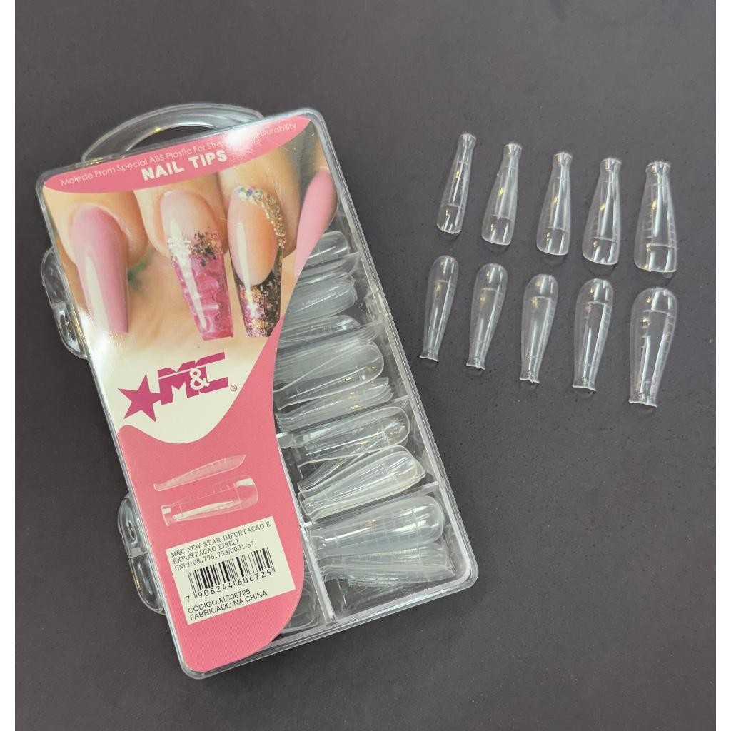 Kit 100 Molde F1 M&C Unhas Reutilizável Bailarina Russo Quadrado Reta Curvatura C Extra Longa