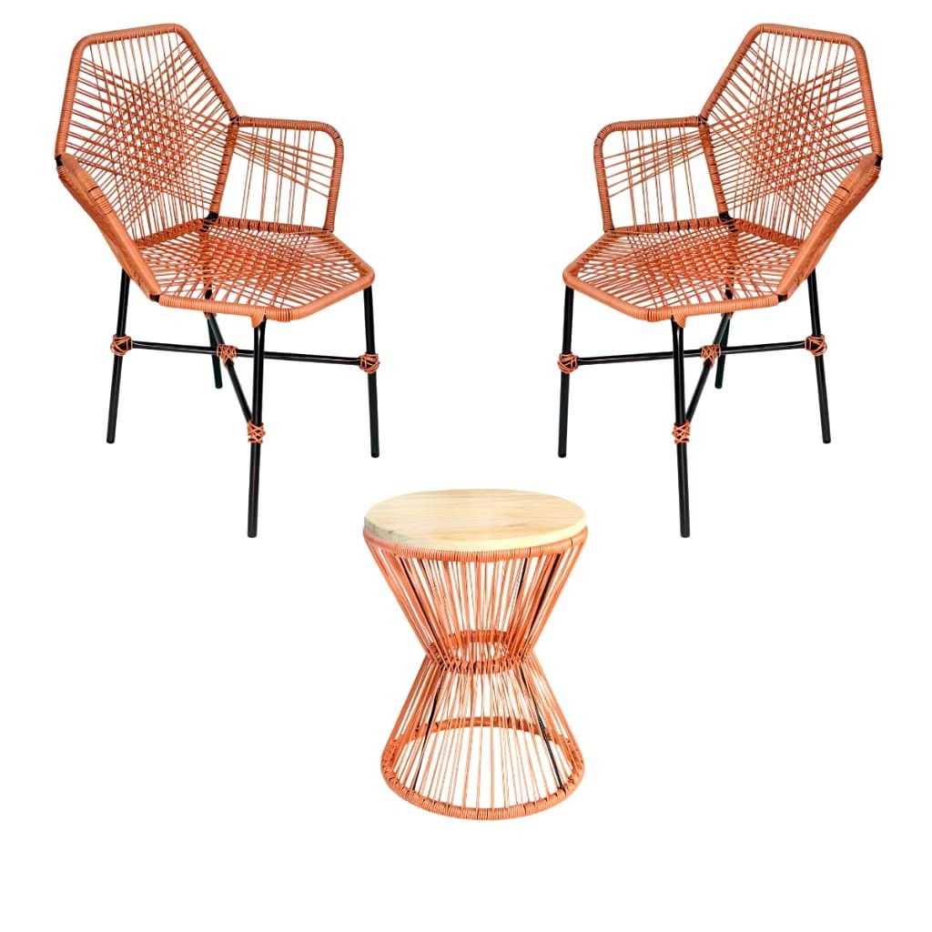 Kit 2 Cadeiras Tropicalia + Mesa Ampulheta Terracota –Fibra Sintética p/ Varanda Jardim Área Externa