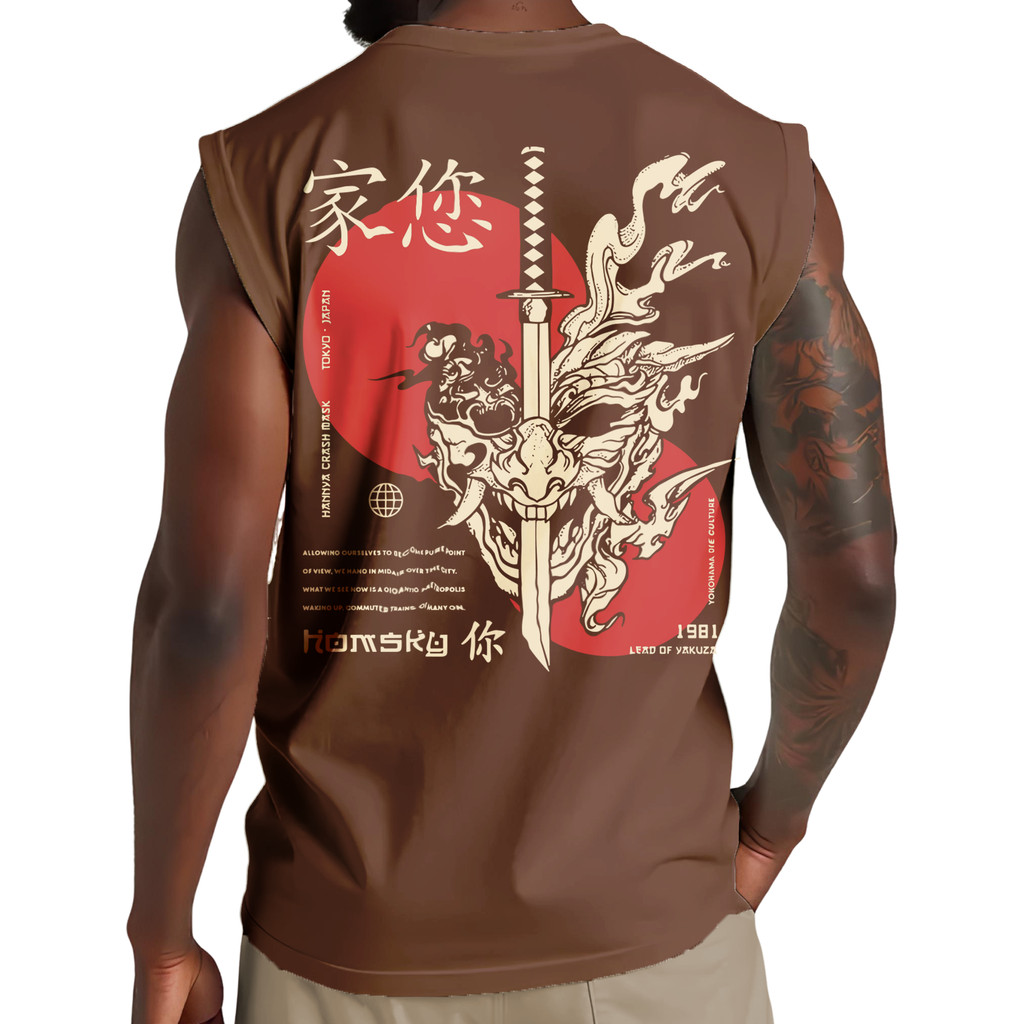 Camiseta Cavada Oversized Japan Mask Oni Katana Camisa Regata Over StreetWear Algodão