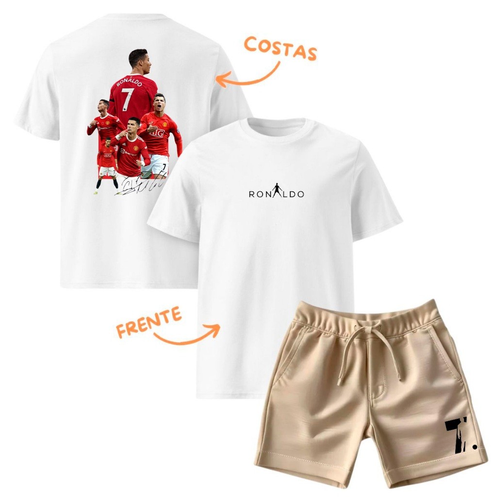 Kit Infantil 2 Peças Com 1 Camiseta e 1 Short Moletom Jogador Cristiano Ronaldo CR7 Conjunto Bermuda Moletom + Camisa