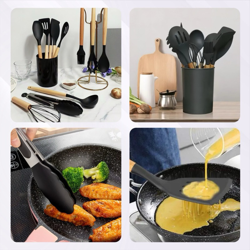 Kit 12 Peças Utensílios de Silicone Premium com Cabo de Madeira + Copo Suporte em Oferta na Shopee