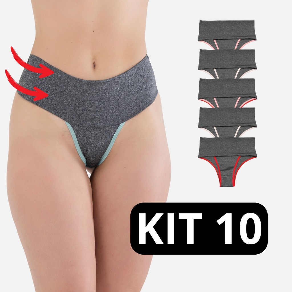 Kit Calcinha Fitness Seca Barriga Cintura Alta Com Compressão Modeladora Lingerie Academia