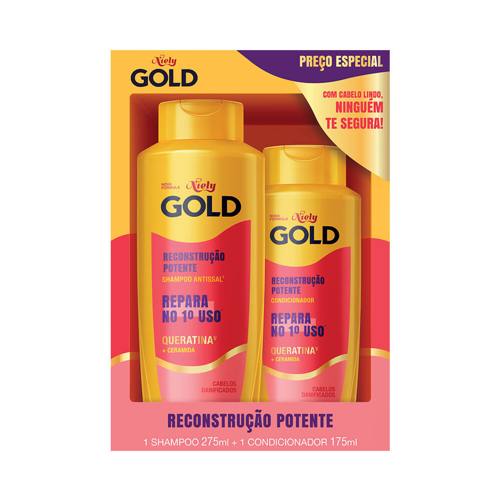 Kit Niely Gold Shampoo + Condicionador Reconstrução Potente Queratina 450ml