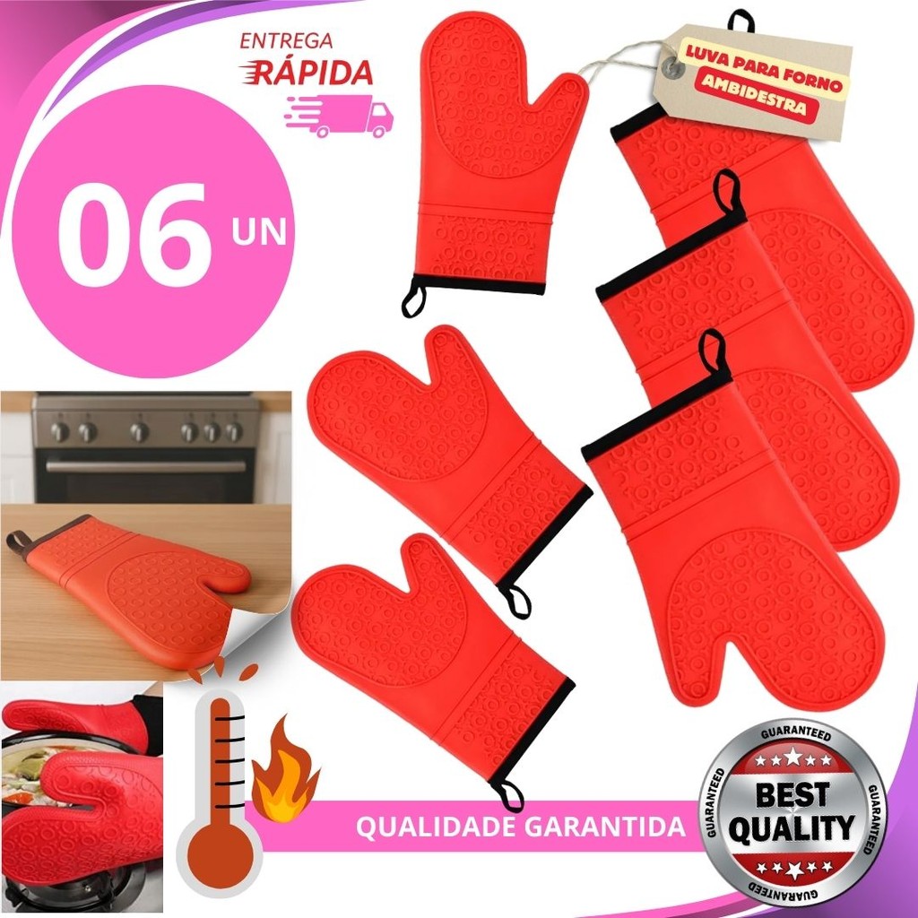 Kit 6/3/1 un Luvas Termicas Para Fogão e Forno de Cozinha em Silicone com Forro