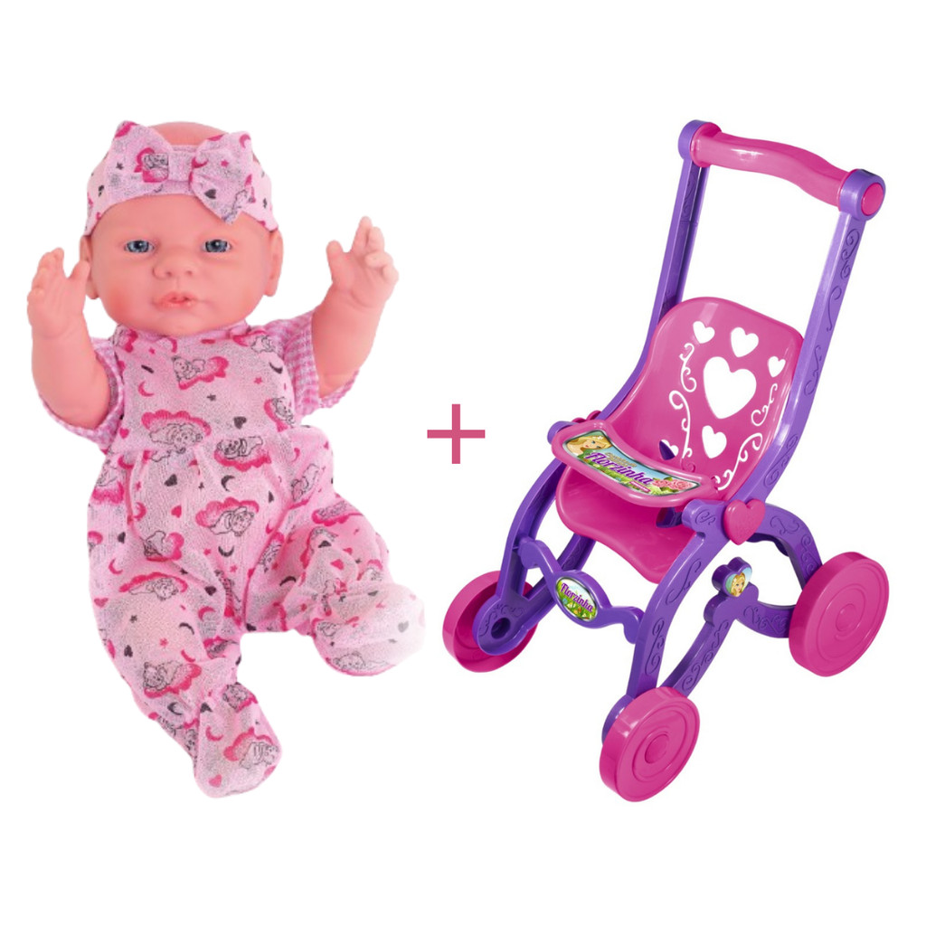 Boneca vinil Pepita 36cm fala Sons De Bebê Fofa mais carrinho de passeio Florzinha