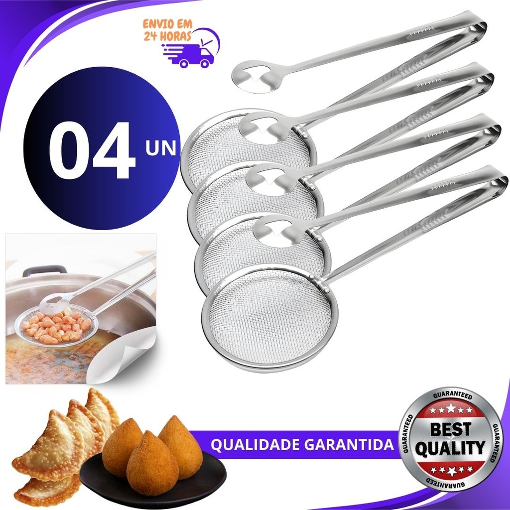 Kit 04, 3 ou 2 un Escumadeira Pescadora Para Fritura C/pegador Inox 2 Em 1 Variáveis Utilidades Premium