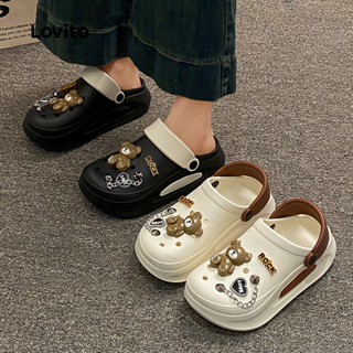Lovito Casual Plain Rock Bear antiderrapante sola grossa agasalhos de verão sandálias planas para mulheres LFA76312 em Oferta na Shopee