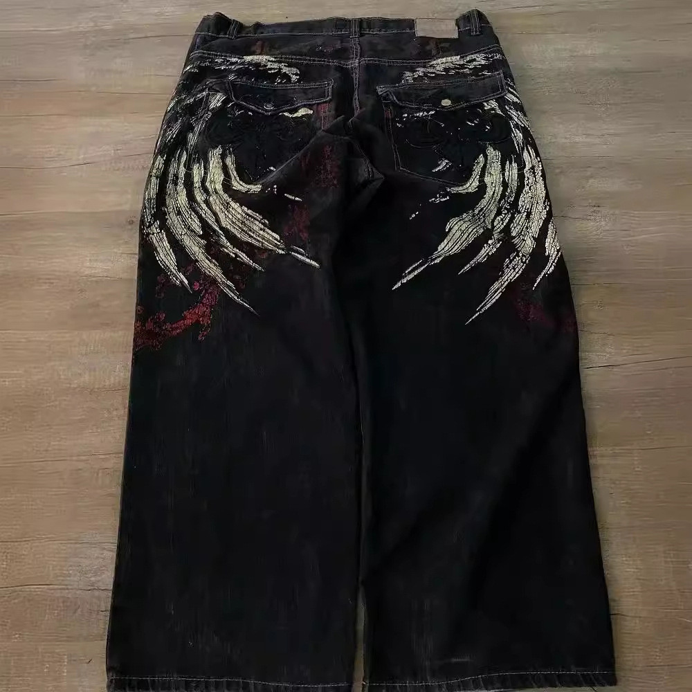 Calças Jeans Streetwear Y2K de Estilo Quente, Calças Hip-hop Bordadas e Soltas para Homens Harajuku em Oferta na Shopee
