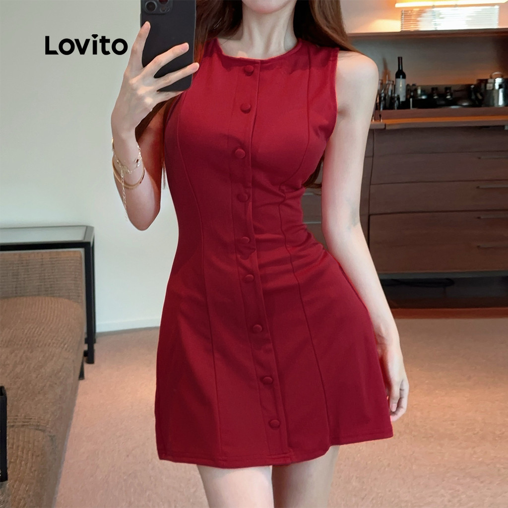 Detalhes do (NEW) Lovito Vestido Casual de Botão Frente Primavera/verão Claret para Mulheres L150ED732