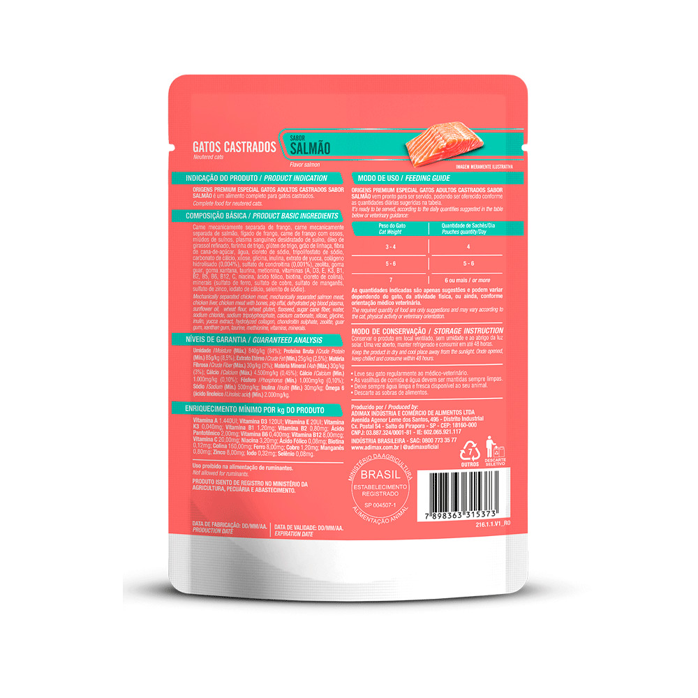 Detalhes do Kit 18un. Ração Úmida Origens Sachê Gatos Castrados Sabor Salmão 85g
