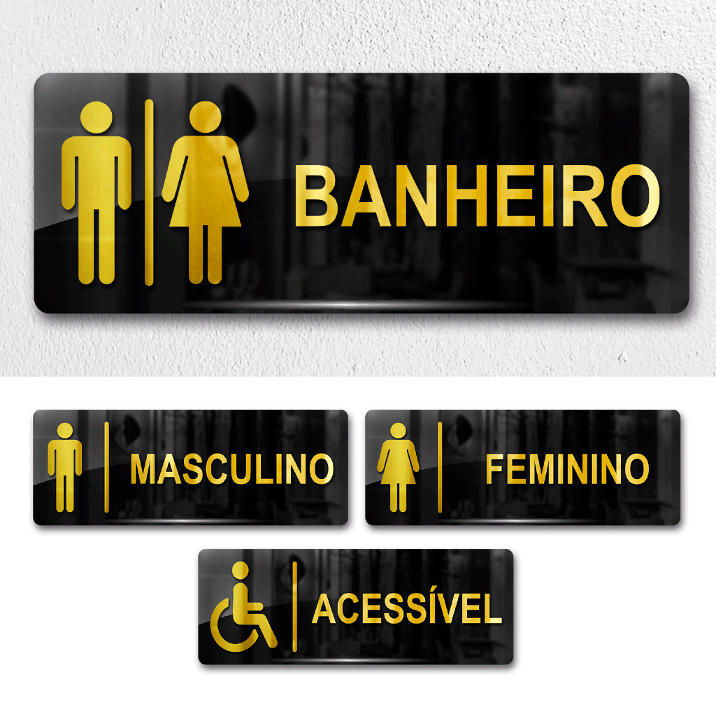 Placa Sinalização Banheiros WC 1/2/3/4 und - Acrílico Espelhado - Masculino, Feminino, Acessível