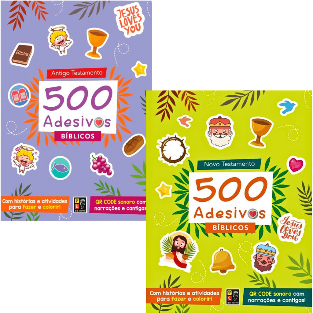 Kit 2 Livros | 500 Adesivos Antigo & Novo Testamento | Histórias e Atividades Para Colorir