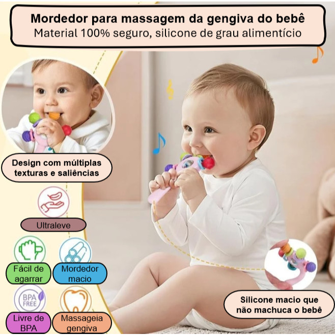 Mordedor e Chocalho para Bebê – Brinquedo de Dentição, Sensorial e Educativo para Coordenação